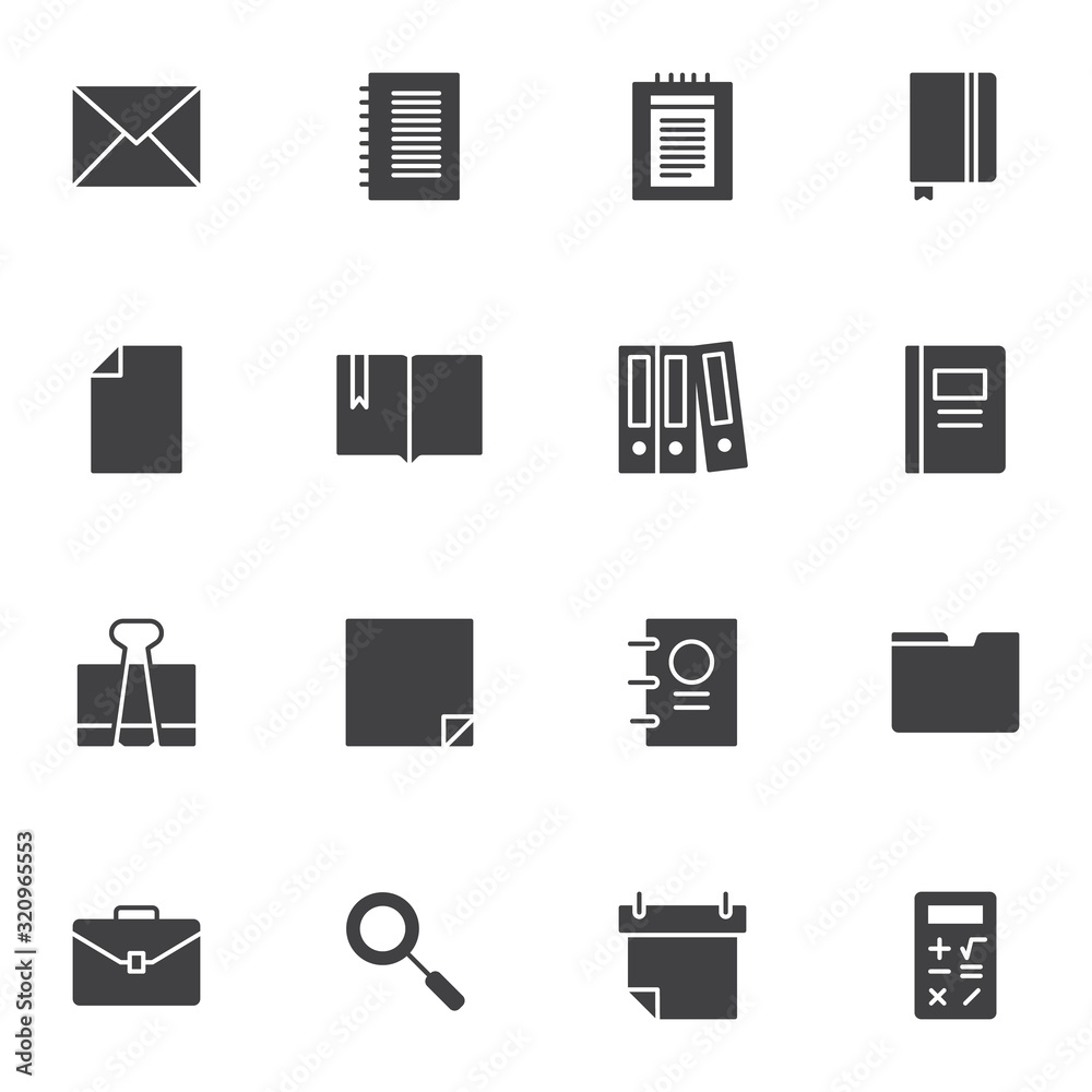 Paperwork documents vector icons set, modern solid symbol collection, filled style pictogram pack. Signs logo illustration. Set includes icons as notebook, envelope, file folder, briefcase, portfolio Paperwork documents vector icons set, modern solid symbol collection, filled style pictogram pack. Signs logo illustration. Set includes icons as notebook, envelope, file folder, briefcase, portfolio