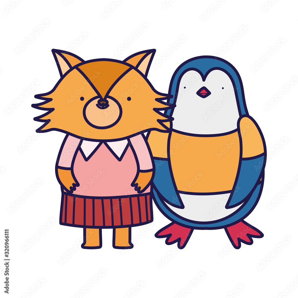 Fototapeta premium cute penguin and fox with clothes cartoon on white background