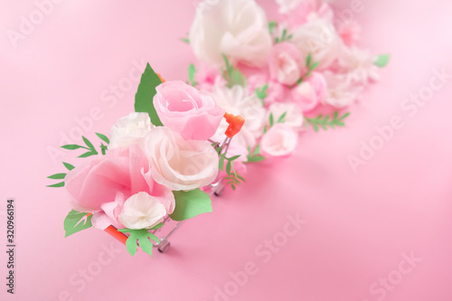 Wallpaper Mural Hello, spring. Shopping cart with white and pink paper flowers and green leaves Torontodigital.ca