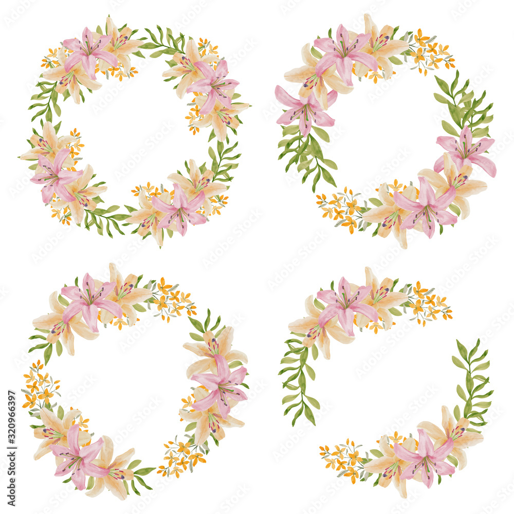 Lily flower wreath frame in watercolor style Lily flower wreath frame in watercolor style