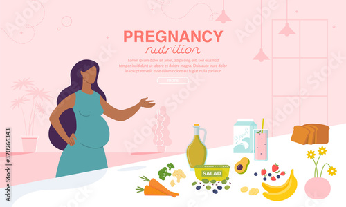 Pregnancy Nutrition and Healthy Diet Advertising Poster. Online Order and Delivery Food for Pregnant Women. Afro-American Lady with Belly Standing near Table with Fresh Ingredients, Drinks