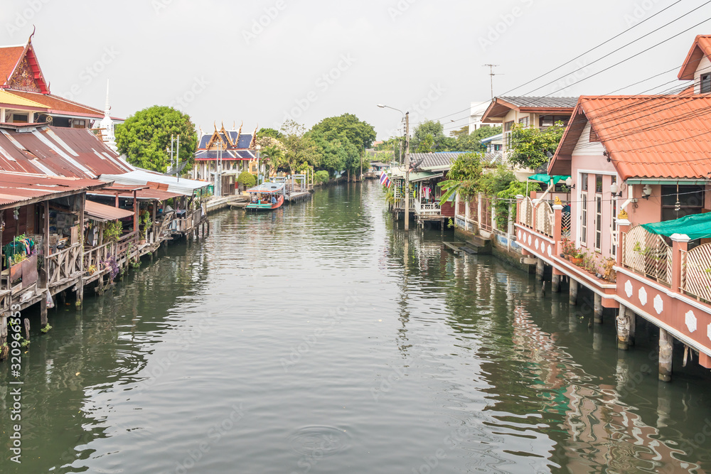 View from a bridge over canal at Khlong Bang Luang Floating Market,