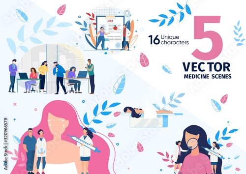 Plastic Surgery and Dermatologist Service, Health Problems, Virus Infection in Office, Healthy Nutrition, Dieting Trendy Flat Vector Scenes, Concepts Set. Doctors and Patients Characters Illustrations