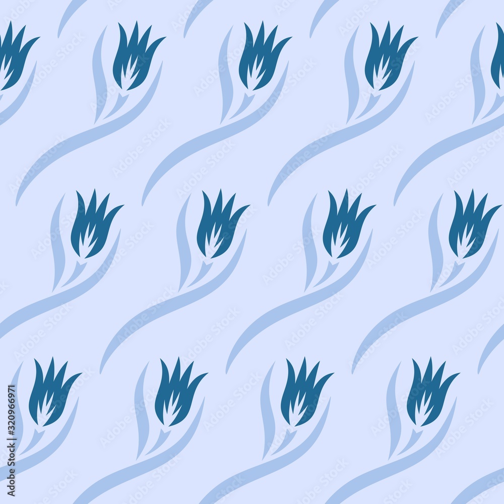 Seamless pattern with tulip flowers and leaves. Summer or spring blue floral ornament. Repeating texture for wallpaper design, textile, wrapping paper. Vector illustration. Seamless pattern with tulip flowers and leaves. Summer or spring blue floral ornament. Repeating texture for wallpaper design, textile, wrapping paper. Vector illustration.