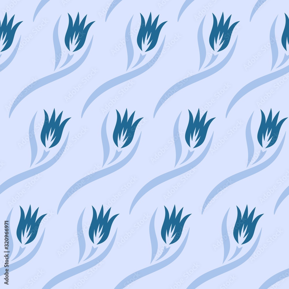 Seamless pattern with tulip flowers and leaves. Summer or spring blue floral ornament. Repeating texture for wallpaper design, textile, wrapping paper. Vector illustration. 