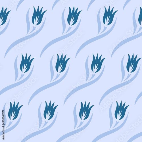 Seamless pattern with tulip flowers and leaves. Summer or spring blue floral ornament. Repeating texture for wallpaper design, textile, wrapping paper. Vector illustration. 