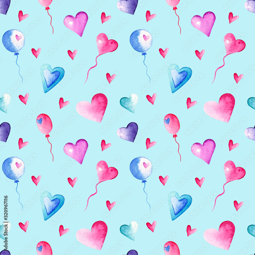 Watercolor seamless  pattern with colorful hearts and ballons on blue background. St. Valentine hearts. Love celebration. Romantic conception. For prints, cards, wrapping paper.