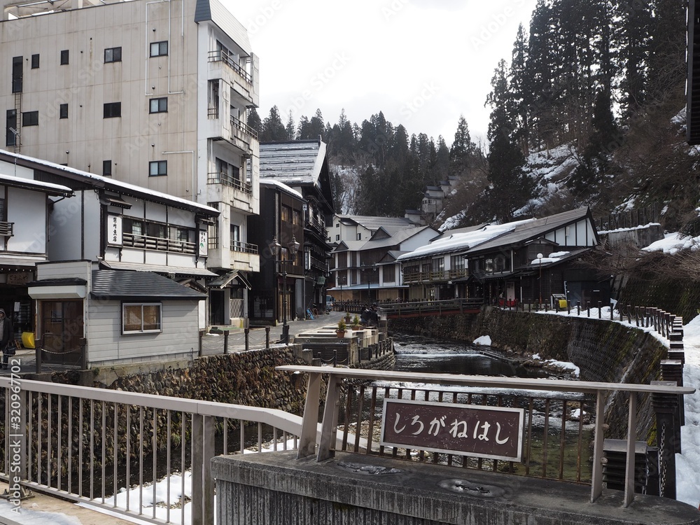 the landscape of ginzan hot springs in yamagata, JAPAN