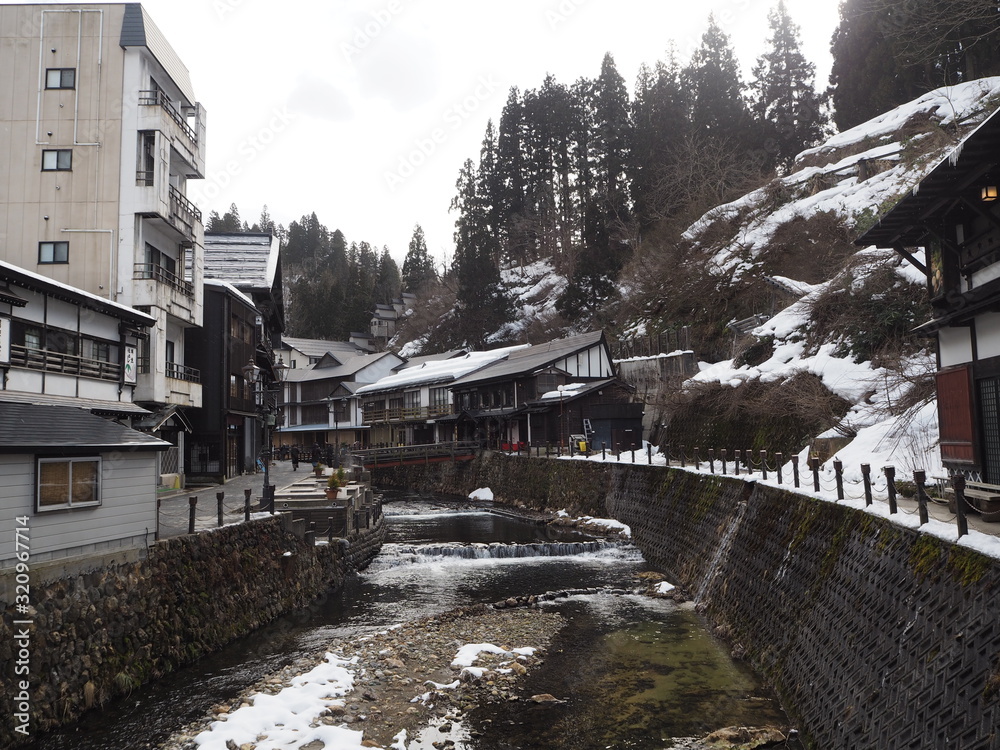 the landscape of ginzan hot springs in yamagata, JAPAN