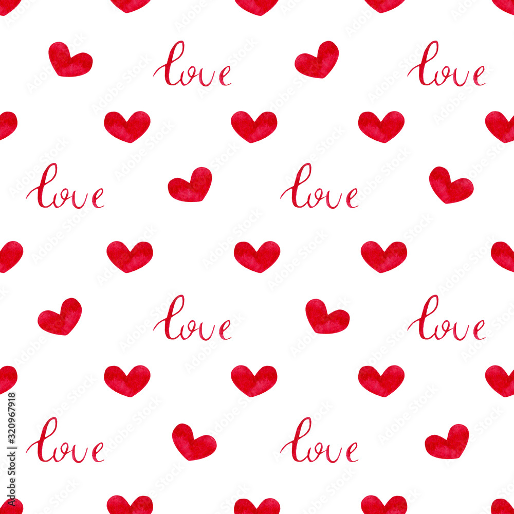 Hand Drawn Watercolor Valentine Day Seamless Pattern Print Red Heart Love White Background