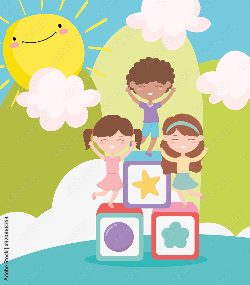 happy childrens day, cute girls and boy playing blocks cartoon landscape happy childrens day, cute girls and boy playing blocks cartoon landscape