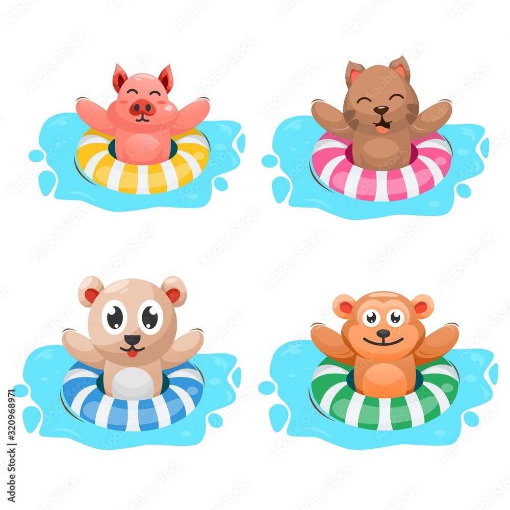 ADORABLE ANIMAL SWIMMING WITH RING CARTOON VECTOR