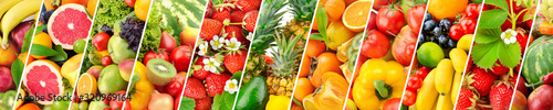 Wide photo fresh fruits, vegetables and berries separated sloping lines.