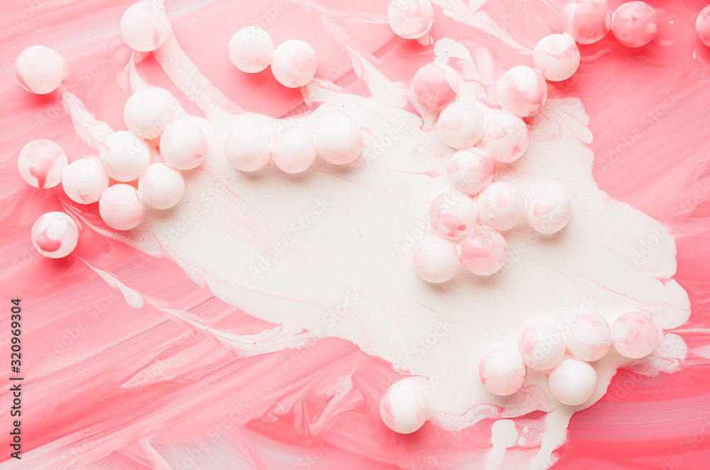 Expressive pink and white stripe, splashes, spheres and daub of brush strokes of liquid paint as abstract background, texture. Expressive pink and white stripe, splashes, spheres and daub of brush strokes of liquid paint as abstract background, texture.