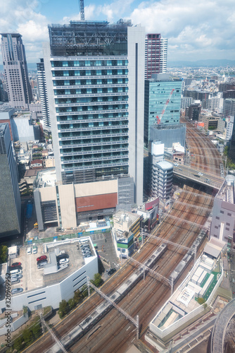 Railway track and high rise office building in Osaka city, Japan