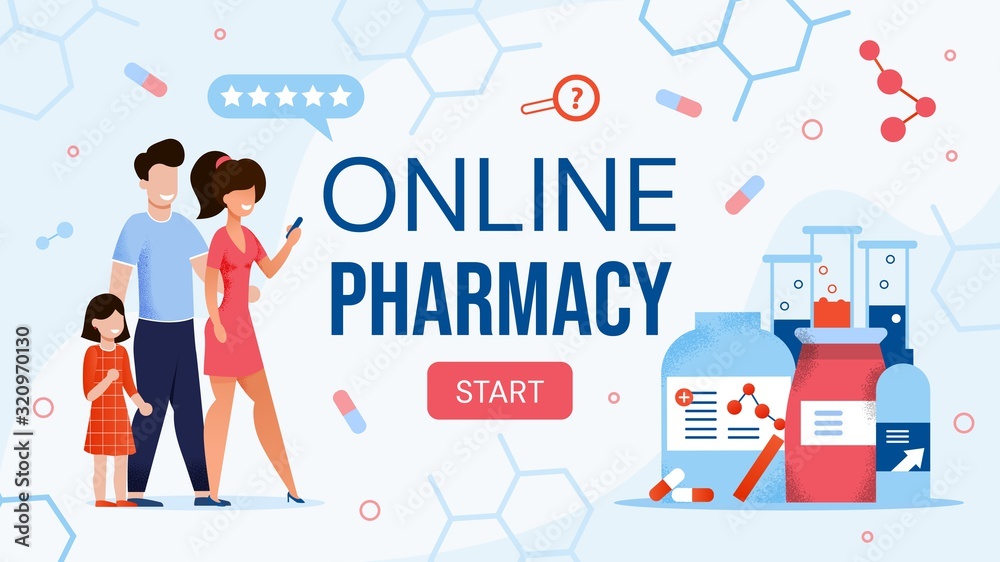 Online Pharmacy Shop E-commerce Site Flat Design. Happy Family with Child Ordering Various Pharmaceutical Drugs Buy Medicaments via Internet Using Mobile App for Payment. Medicine and Healthcare