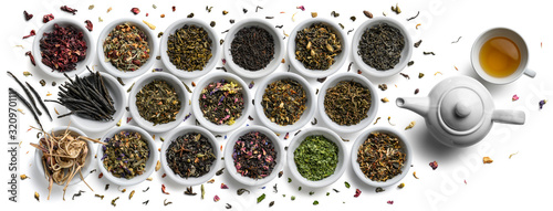 Large assortment of tea on a white background. The view from the top photo