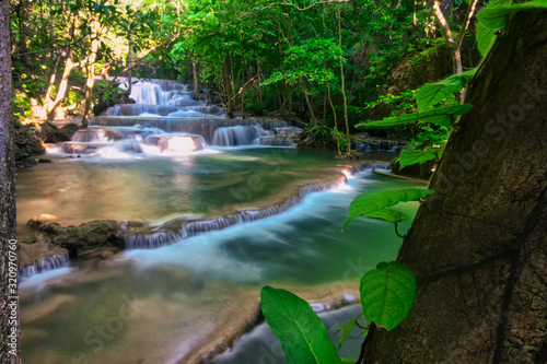 Beautiful waterfall in deep forest of Thailand  Breathtaking view of Huay Mea Kamin waterfall  Located Kanchanaburi  Thailand.