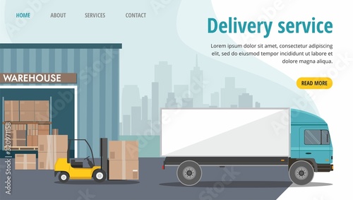 Forklift truck in warehouse. Truck loading. Vector web banner