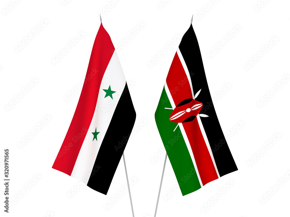 National fabric flags of Kenya and Syria isolated on white background. 3d rendering illustration.