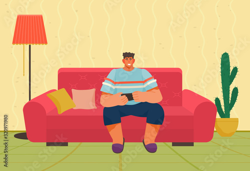 Man holding joystick playing video games at home. Personage spending time at home on weekends. Interior of home of bachelor. Sofa and plants with lamp. Leisure of boy sitting alone vector in flat