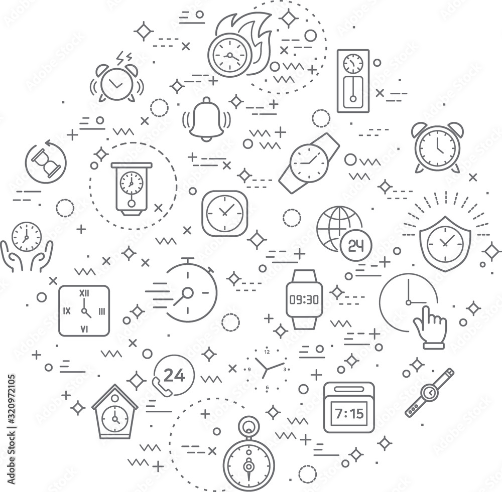 Simple Set of time and clock Related Vector Line Illustration. Contains such Icons as stopwatch, watch, alarm and timer and Other Elements. Modern style line drawing and background color white. Simple Set of time and clock Related Vector Line Illustration. Contains such Icons as stopwatch, watch, alarm and timer and Other Elements. Modern style line drawing and background color white.