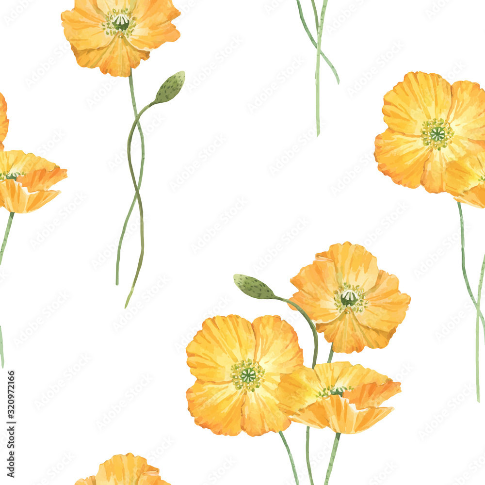 Beautiful vector floral summer seamless pattern with watercolor hand drawn yellow poppy wild flowers. Stock illustration.