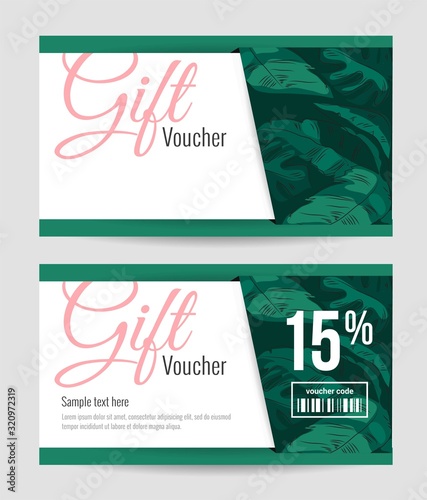 Gift voucher templates with tropical plant leaves. Summer, spa, resort concept. Vector illustration