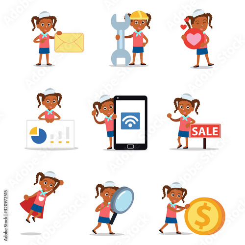 Set of character woman as a sailor captain.