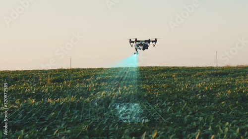 Flying Smart Agriculture Drone. Artificial Intelligence. Drone Scan Agriculture Farm. Agriculture Innovation. Farming Field Industry. Analyze the Field. Professional Vehicle Aircraft.
