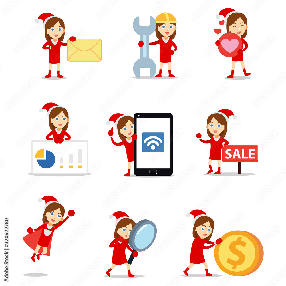 Set of character female Santa Claus waving and saying hello to the kids. Set of character female Santa Claus waving and saying hello to the kids.