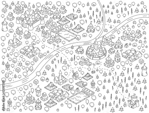 Medieval city, fantasy area map sketch kit. Mountain river and village. Map for board game. Hand drawn vector black line.