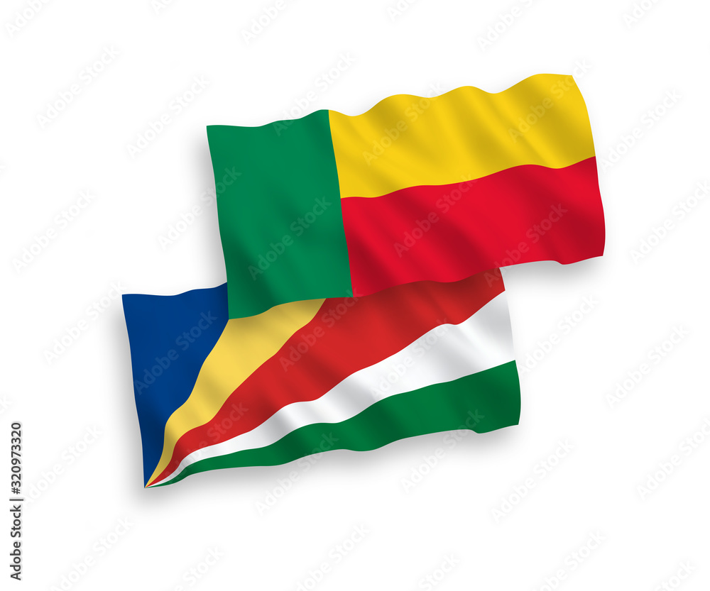 Obraz premium National vector fabric wave flags of Benin and Seychelles isolated on white background. 1 to 2 proportion.