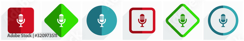  Microphone icon set, flat design vector illustration in 6 options for webdesign and mobile applications in eps 10