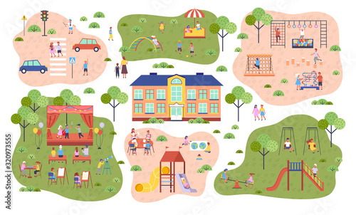 Kindergarten, playground and parking space, slides and swings, children playing vector. Sandbox and stage, easels and horizontal bar. Kids climbing, painting or acting, outdoor activity illustration