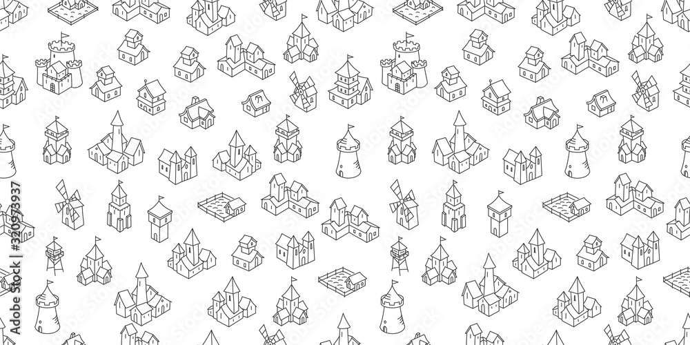 Medieval buildings seamless pattern background. Middle Ages fantasy fortress, house and castle sketch. Hand drawn vector black line icon set.