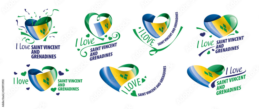 National flag of the Saint Vincent and the Grenadines in the shape of a heart and the inscription I love Saint Vincent and the Grenadines. Vector illustration