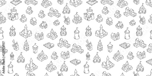 Medieval buildings seamless pattern background. Middle Ages fantasy fortress, house and castle sketch. Hand drawn vector black line icon set.