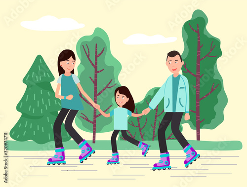 Mother and father with daughter spending active weekend in rollerdrome. People in park for skating. Activity summer vacation or holidays. Man and woman with daughter in forest vector in flat