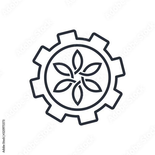 Flower and gear. Agrotechnology. Vector linear icon isolated on white background.