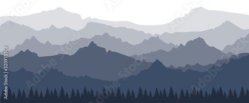 A landscape with a perspective view of the mountains in several layers. Banner with a silhouette of a forest and mountains. Misty morning view in the Alps. Simple vector illustration. © Tanya