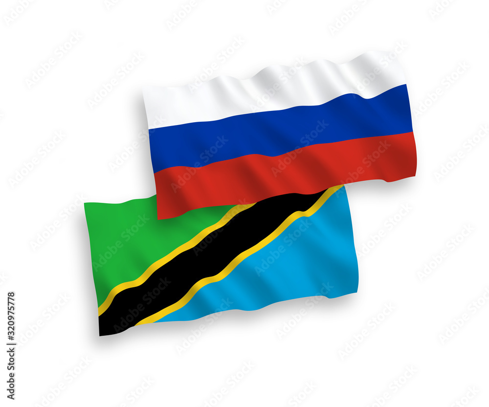 National vector fabric wave flags of Tanzania and Russia isolated on white background. 1 to 2 proportion. National vector fabric wave flags of Tanzania and Russia isolated on white background. 1 to 2 proportion.