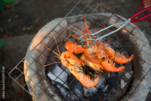 shrimp grilled bbq seafood on stove, outdoor food
