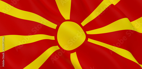 National Fabric Wave Closeup Flag of North Macedonia Waving in the Wind. 3d rendering illustration.