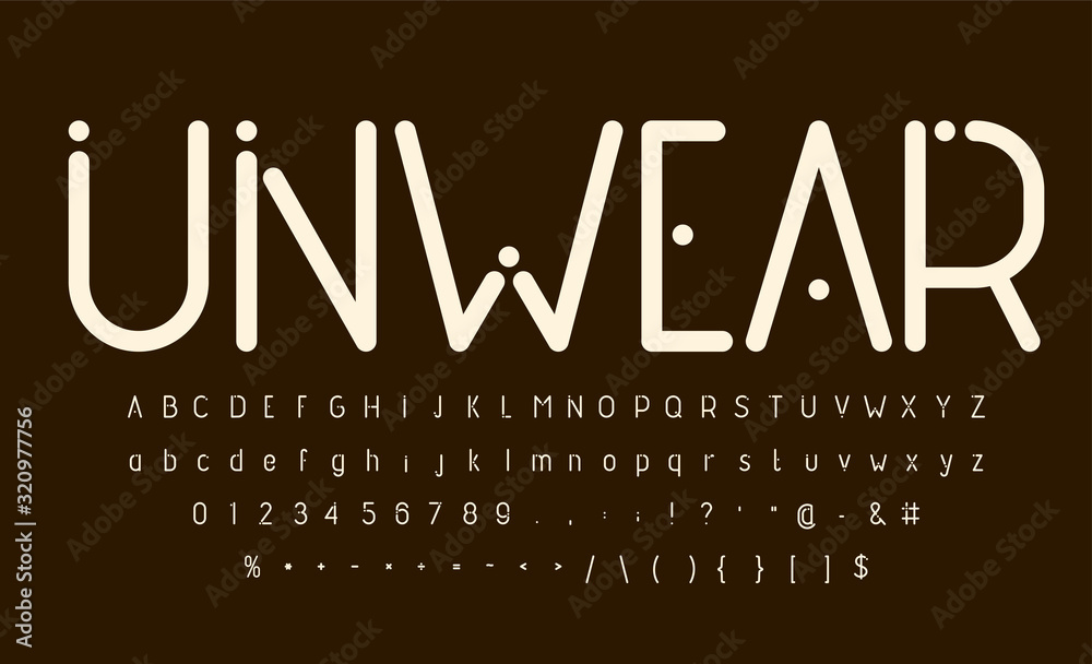 Obraz premium Modern rounded font with dots. Miniamlistic typography style alphabet for tech, futuristic and wear logo, poster and print design. Uppercase, lowercase letters, numbers and symbols