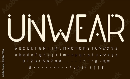 Modern rounded font with dots. Miniamlistic typography style alphabet for tech, futuristic and wear logo, poster and print design. Uppercase, lowercase letters, numbers and symbols
