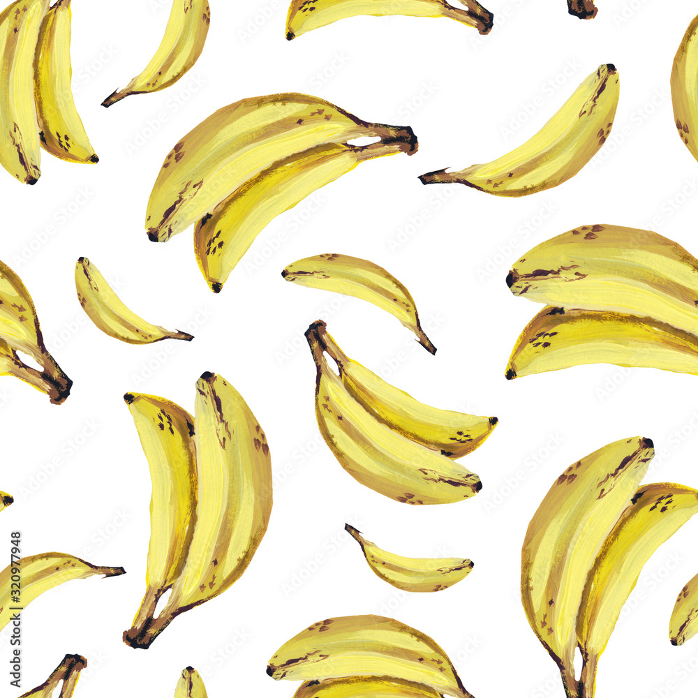 Fruit banana seamless patten. Hand drawing gouache. Yellow bananas. Design for wallpaper, fabric, textile, food services, postcards, packaging, website. Fruit banana seamless patten. Hand drawing gouache. Yellow bananas. Design for wallpaper, fabric, textile, food services, postcards, packaging, website.