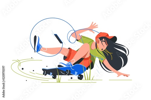 Young disappointed girl fail when riding skateboard using smartphone.