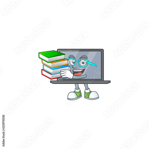 A brainy clever cartoon character of monitor studying with some books