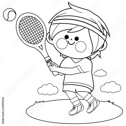 Child playing tennis. Vector black and white coloring page
